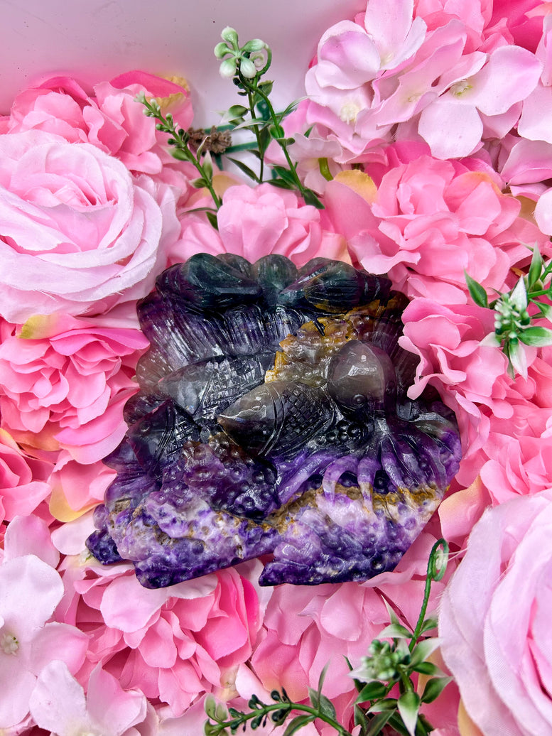 Ocean themed rainbow fluorite crystal carving 1kg 14cm