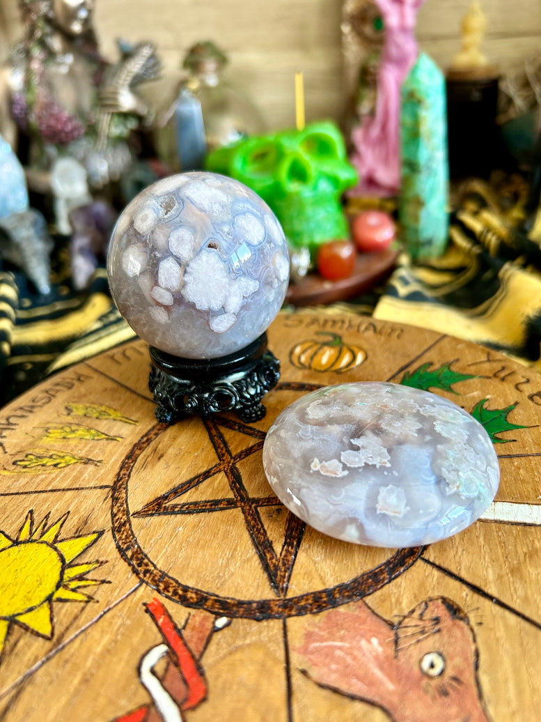 Flower Agate Sphere on Stand and Palm Stone Gift Set | Crystals | Witchcraft | Wicca | Pagan | Healing | Reiki | Chakra | Ornament | Ball