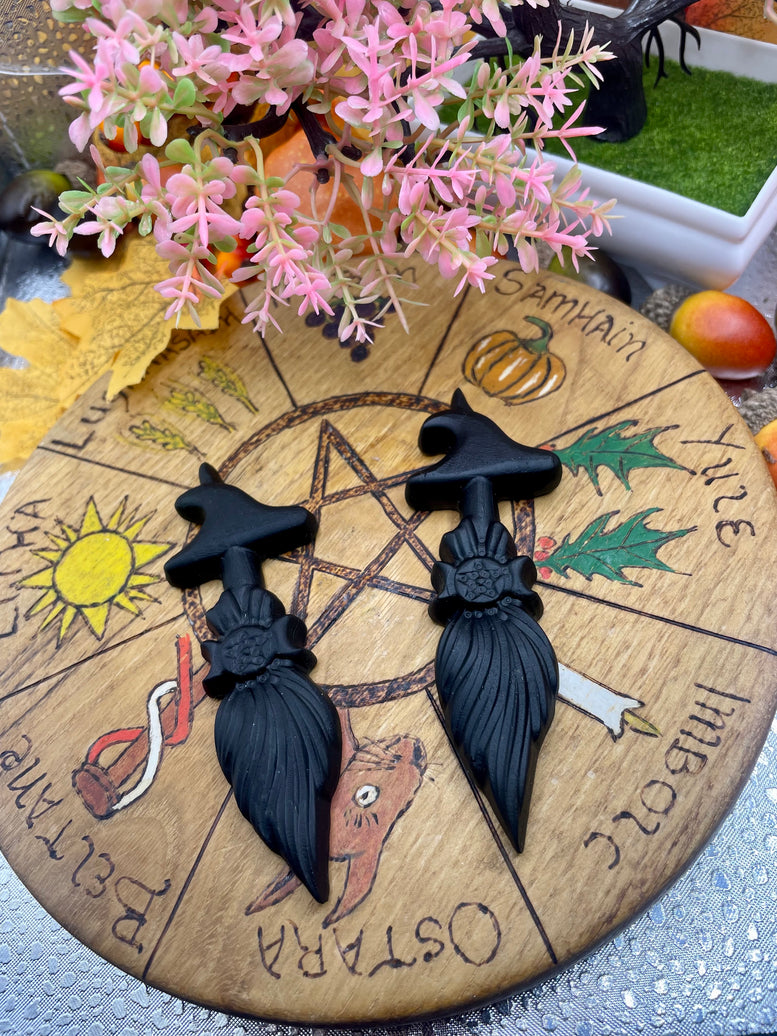 Natural Obsidian Witches Broom & Witches Hat Crystal | Crystal Healing | Reiki | Chakra | Ornament | Witchy | Witchcraft | Pagan | Wiccan