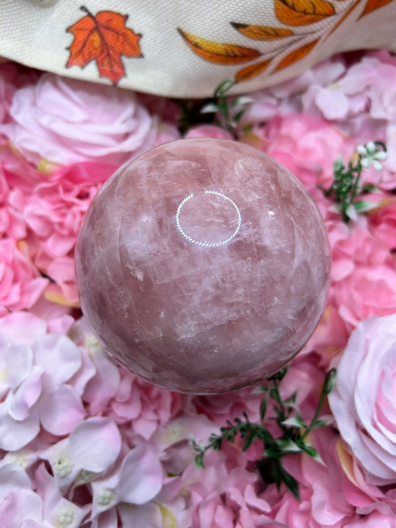 High Quality Rose Quartz Sphere on rotating stand 1.6kg 10cm tall