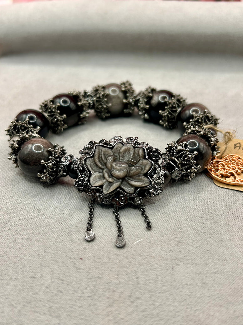 Silver Sheen Obsidian Lotus Crystal Charm Bracelet | Jewellery | Bracelet | Crystals | Spirituality | Witchcraft | Wiccan | Pagan | Large