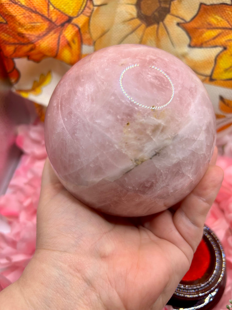 High Quality Rose Quartz Sphere on rotating stand 1.6kg 10cm tall