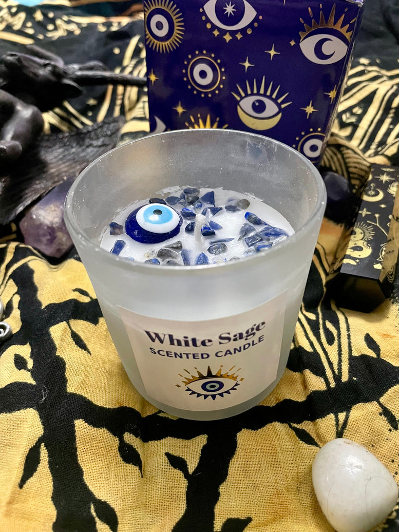 Evil Eye - All Seeing Eye White Sage Scented Spell Candle | Sodalite | Charms | Witchcraft | Wicca | Pagan | Ritual Candle | Candles | Gift
