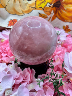 High Quality Rose Quartz Sphere on rotating stand 1.6kg 10cm tall