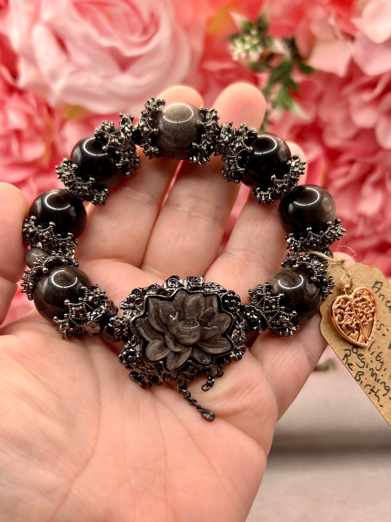 Silver Sheen Obsidian Lotus Crystal Charm Bracelet | Jewellery | Bracelet | Crystals | Spirituality | Witchcraft | Wiccan | Pagan | Large