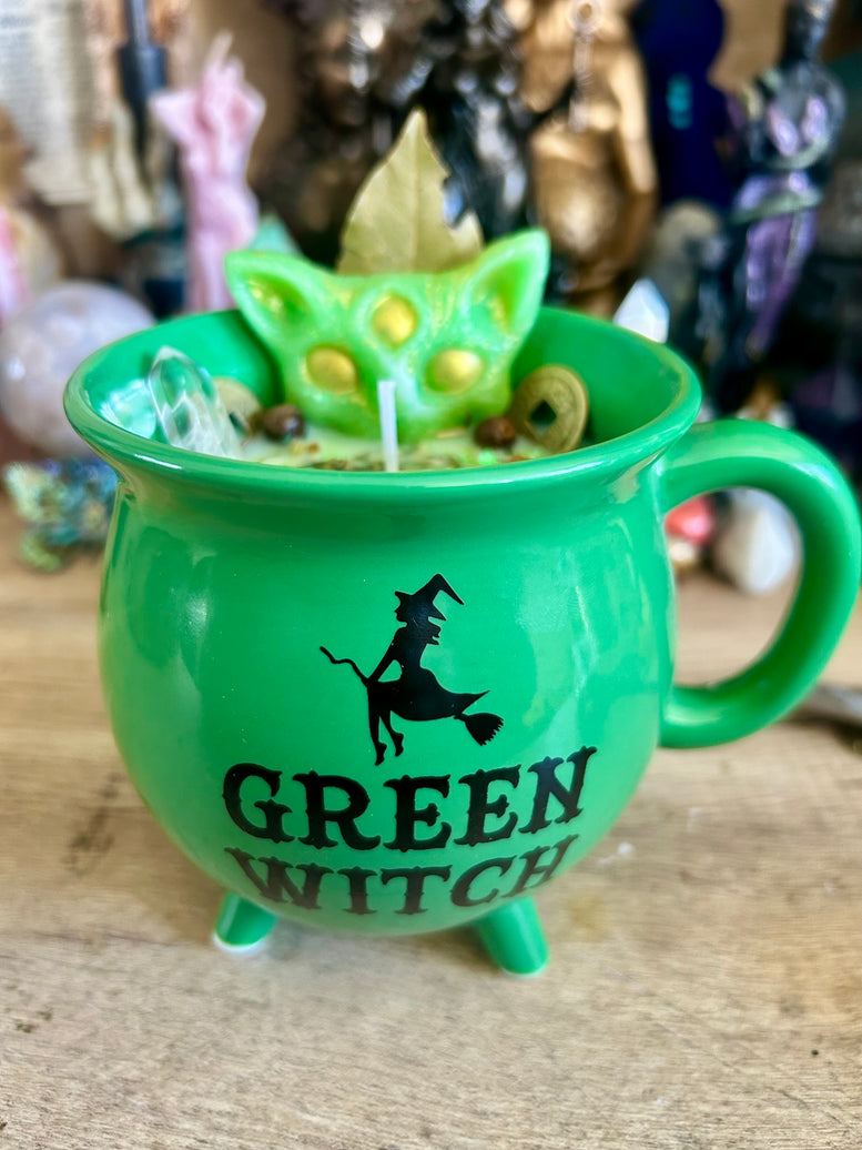 Wealth & Abundance Spell Candle – Green Witch Cauldron Cup hand made soy wax ornamental witches candle