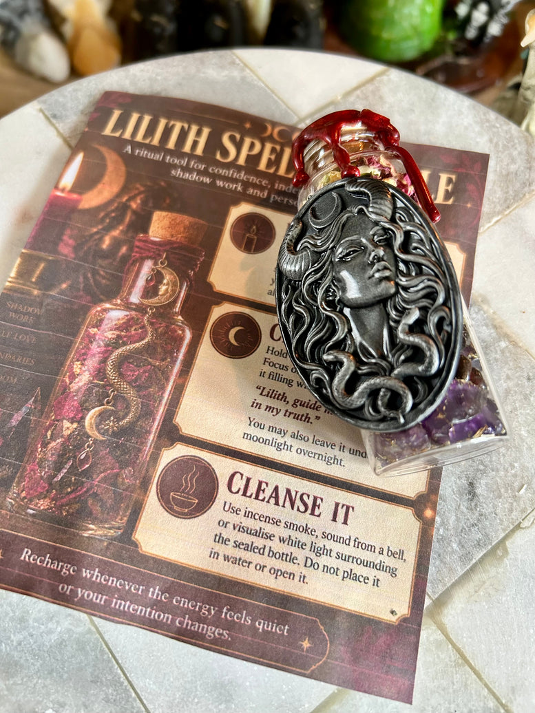 Handmade Lilith Spell Bottle with Charm Herbs & Crystals for Rituals Meditation Shadow Work Empowerment Confidence