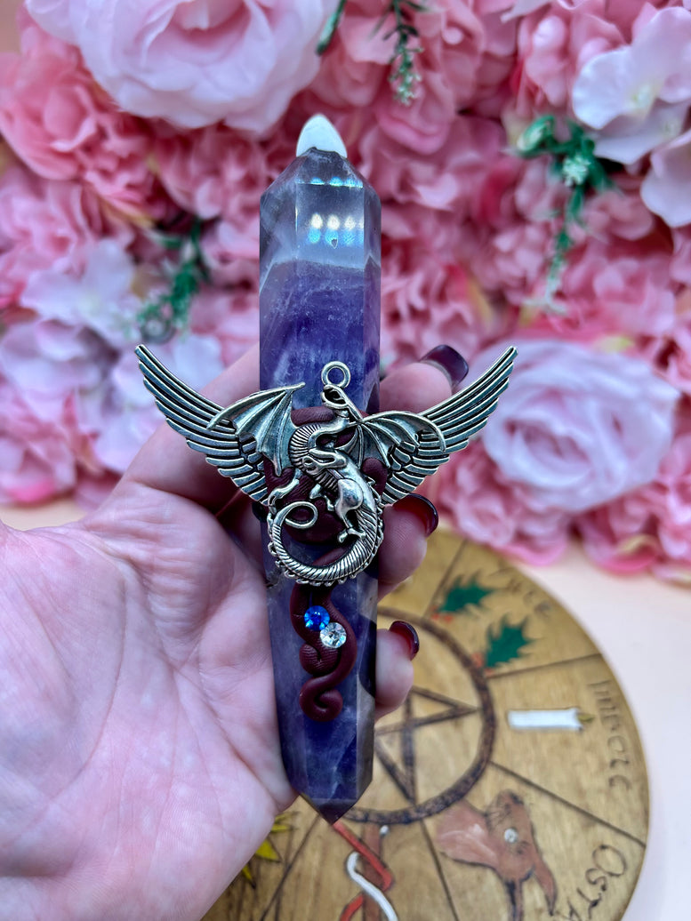 Amethyst Dragon Wand – Crystal Point with Winged Dragon Charm | Fantasy Wand for Rituals, Healing, or Display | Witchcraft | Wicca | Pagan