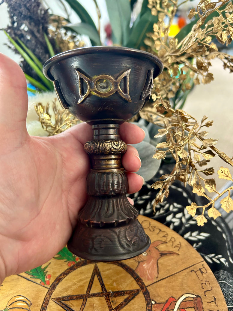 Antique Copper Ritual Goblet with Triple Moon 8x13cm | Chalice | Offering | Witchcraft | Wiccan | Pagan | Goddess | Altar | Rituals | Tools