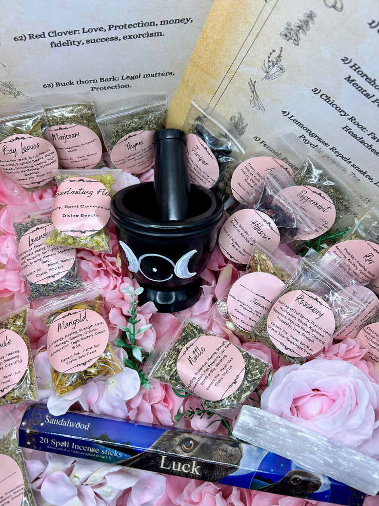 Mortar and Pestle Herb Kit - Herbs - Selenite - Incense - Witchcraft - Kitchen - Utensils
