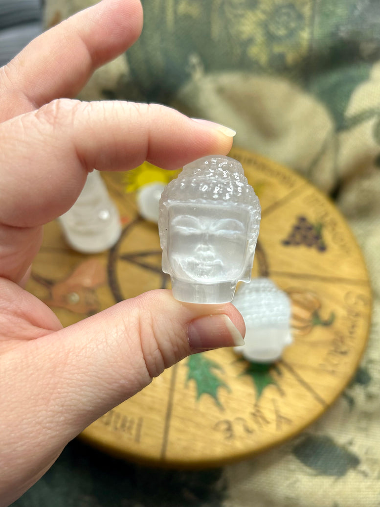 Buddha Selenite Carving | Buddha head | Crystals | Reiki | Chakra | Sitting Buddha | Spirituality | Witchy | Wicca | Pagan | Ornament | Gift