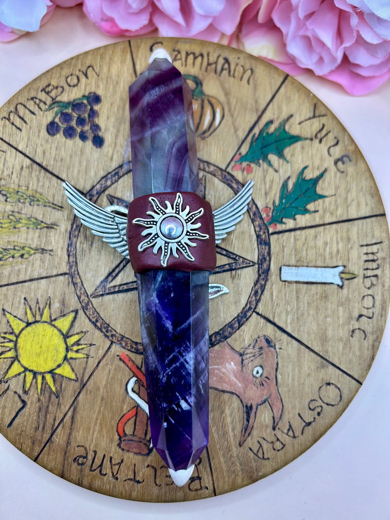 Fluorite Mermaid Wand: Winged Charm, Rhinestone Accents - Ritual Tool