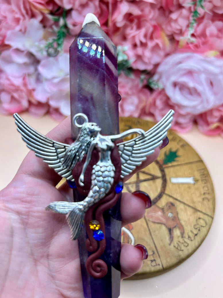 Fluorite Mermaid Wand: Winged Charm, Rhinestone Accents - Ritual Tool