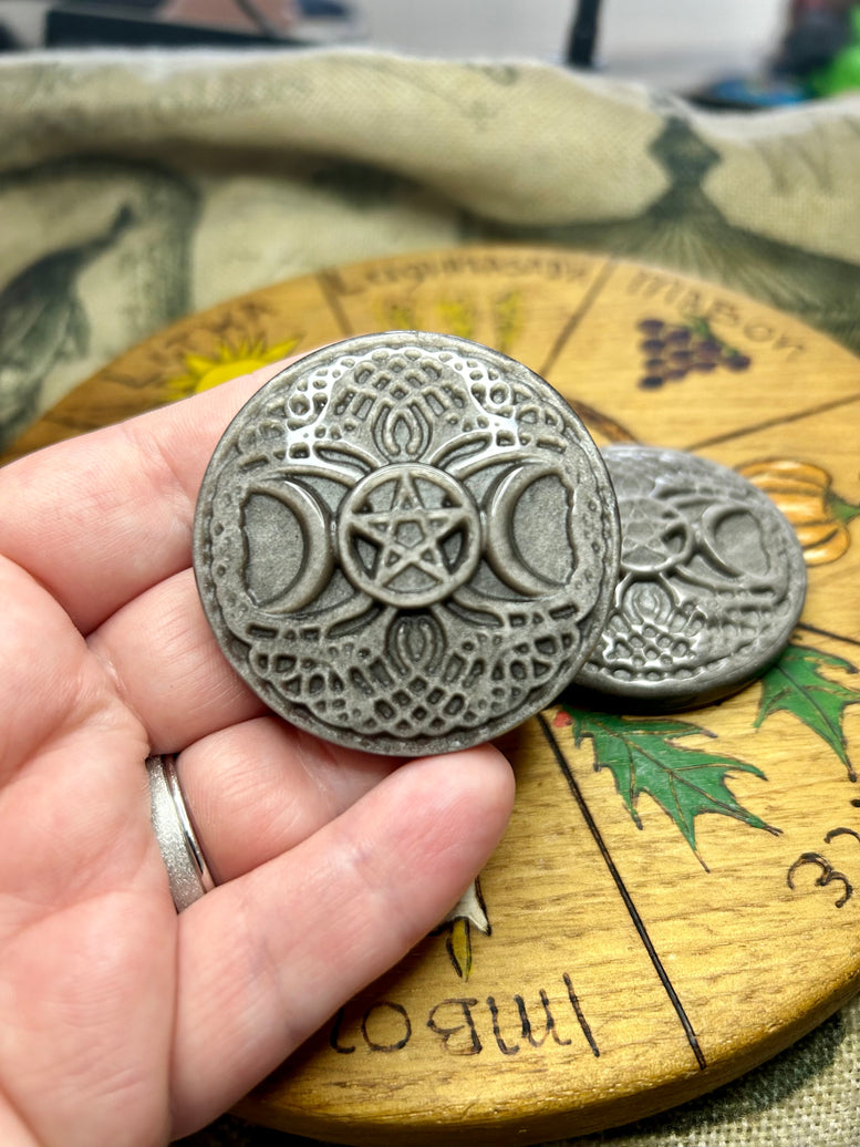 Silver Sheen Obsidian Wiccan Triple Moon Tree of Life Crystal Amulet | Crystal Carving | Pagan | Witchcraft | Moon Goddess | Reiki | Chakra