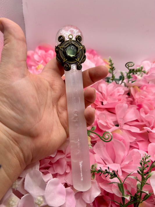 Selenite wand with Quartz Sphere and rainbow inclusions for energy work and witchcraft