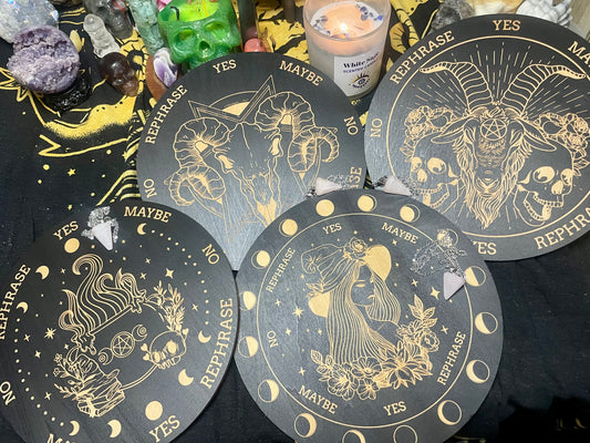 Pendulum Board and Rose Quartz Pendulum | Dowsing | Dowsing Board | Communication Board | Reading | Skull | Cauldron | Witchcraft | Wicca