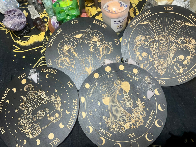Pendulum Board and Rose Quartz Pendulum | Dowsing | Dowsing Board | Communication Board | Reading | Skull | Cauldron | Witchcraft | Wicca