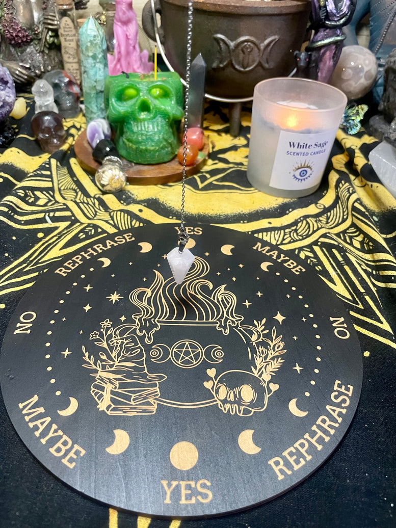 Pendulum Board and Rose Quartz Pendulum | Dowsing | Dowsing Board | Communication Board | Reading | Skull | Cauldron | Witchcraft | Wicca