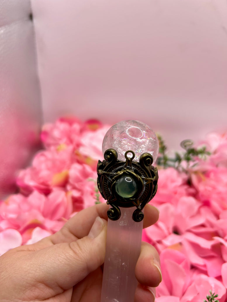 Selenite wand with Quartz Sphere and rainbow inclusions for energy work and witchcraft