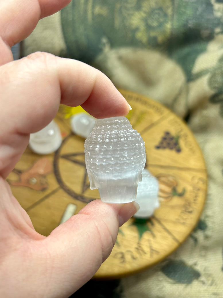 Buddha Selenite Carving | Buddha head | Crystals | Reiki | Chakra | Sitting Buddha | Spirituality | Witchy | Wicca | Pagan | Ornament | Gift