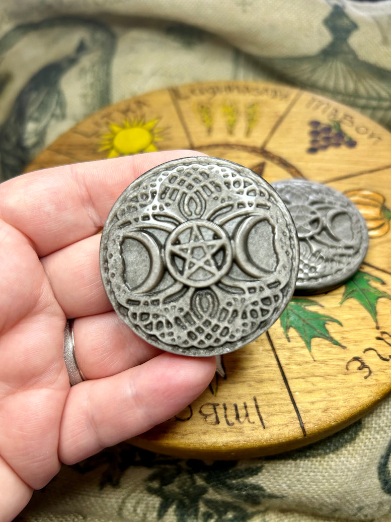 Silver Sheen Obsidian Wiccan Triple Moon Tree of Life Crystal Amulet | Crystal Carving | Pagan | Witchcraft | Moon Goddess | Reiki | Chakra