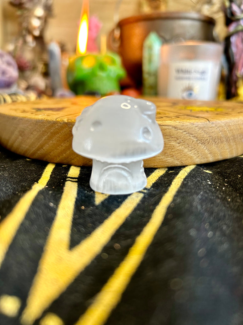 Mushroom Cottage Selenite Crystal Carving | House | Crystals | Reiki | Chakra | Spirituality | Witchy | Wicca | Pagan | Ornament | Gift