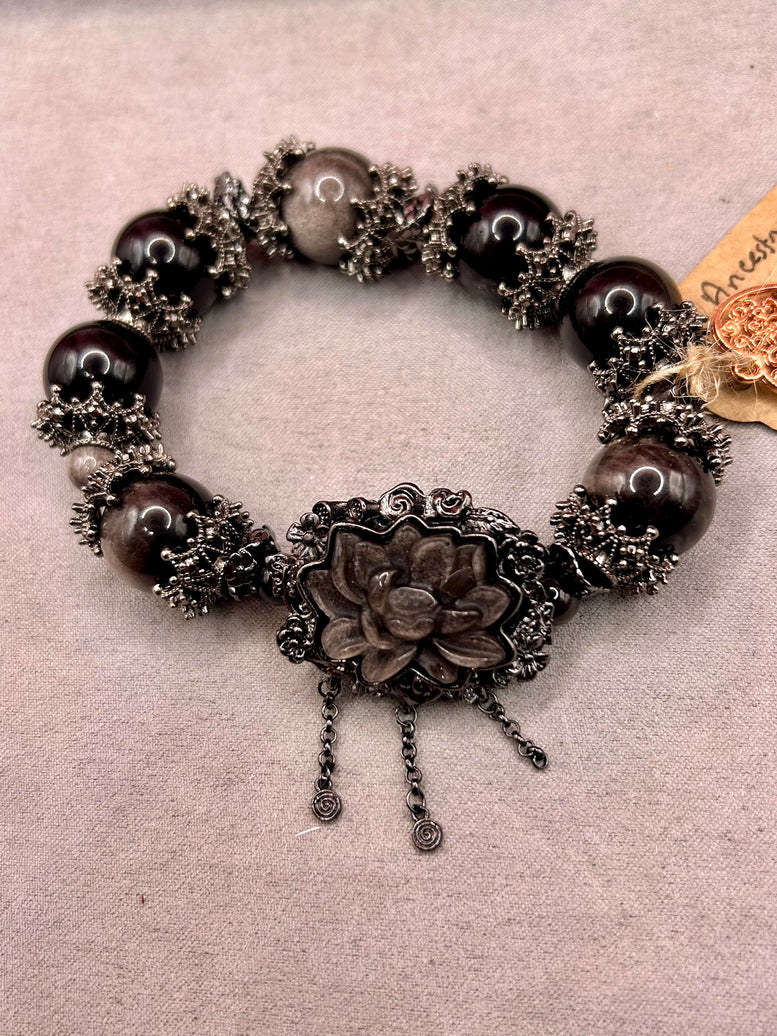 Silver Sheen Obsidian Lotus Crystal Charm Bracelet | Jewellery | Bracelet | Crystals | Spirituality | Witchcraft | Wiccan | Pagan | Large