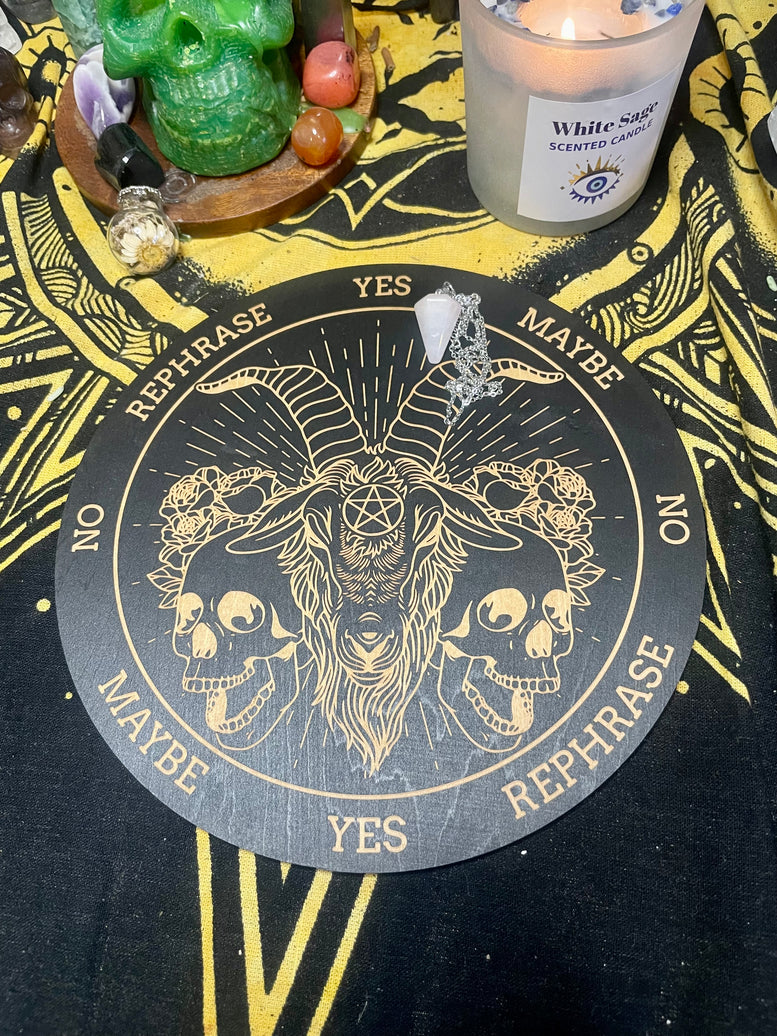 Pendulum Board and Rose Quartz Pendulum | Dowsing | Dowsing Board | Communication Board | Reading | Skull | Cauldron | Witchcraft | Wicca