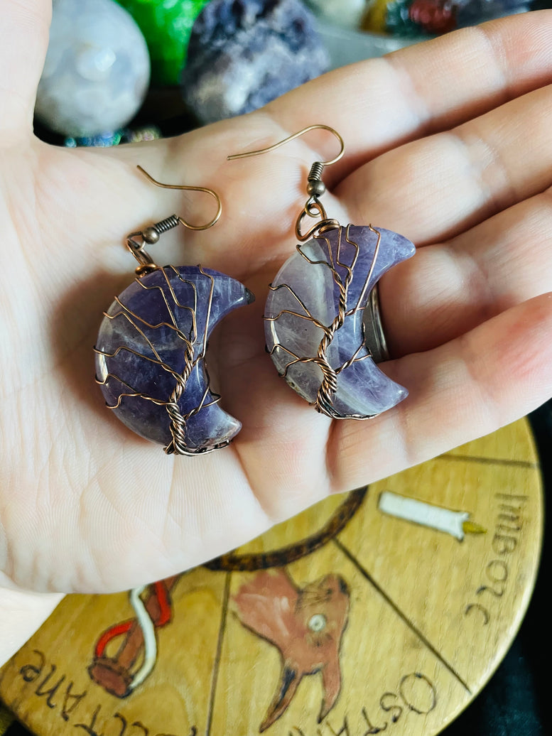 Tree of Life Wire Wrapped Moon Crystal Earrings | Jewellery | Jewelry | Witchy | Crystals | Crystal Healing | Reiki | Chakra | Boho | Gift