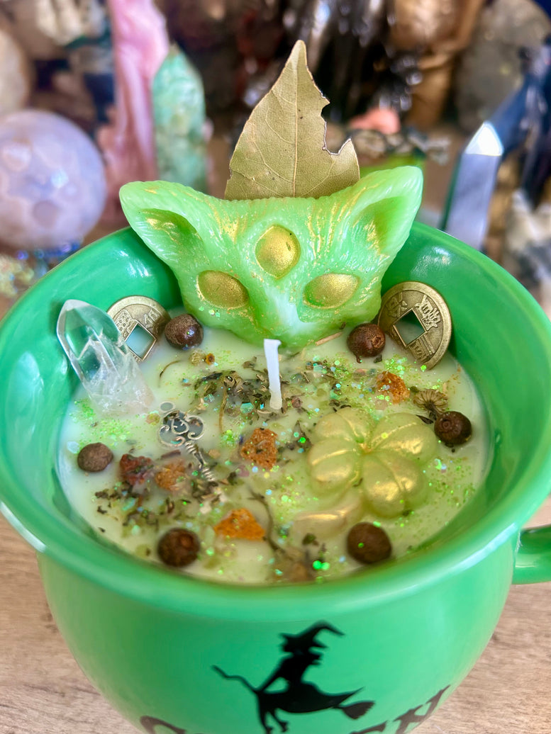 Wealth & Abundance Spell Candle – Green Witch Cauldron Cup hand made soy wax ornamental witches candle