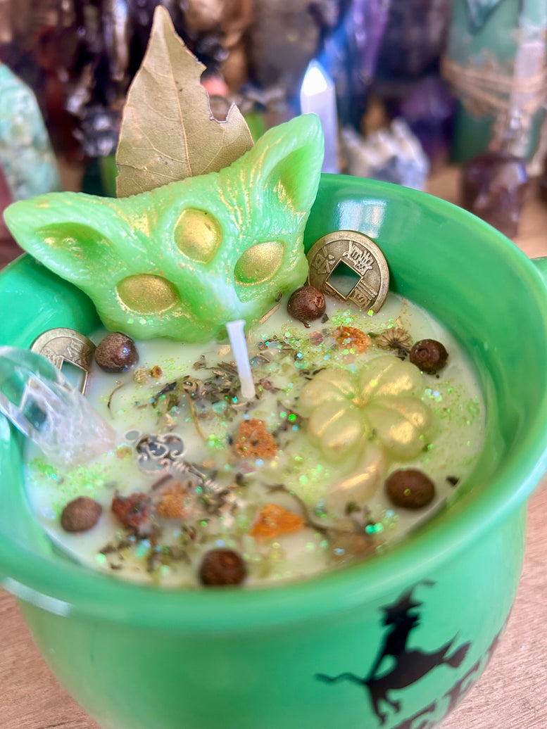 Wealth & Abundance Spell Candle – Green Witch Cauldron Cup hand made soy wax ornamental witches candle