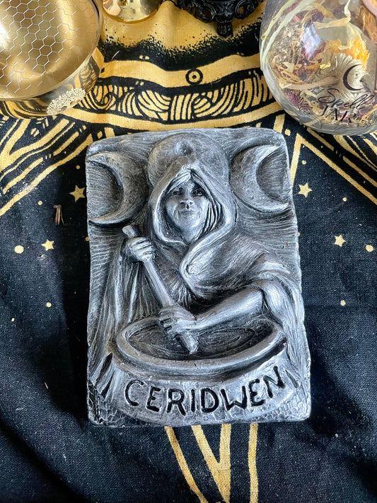 Ceridwen Keeper of the cauldron silver coloured plaque | Witchcraft | Wicca | Pagan | Wall Art | Altar | Goddess | Deity | Welsh | Gift