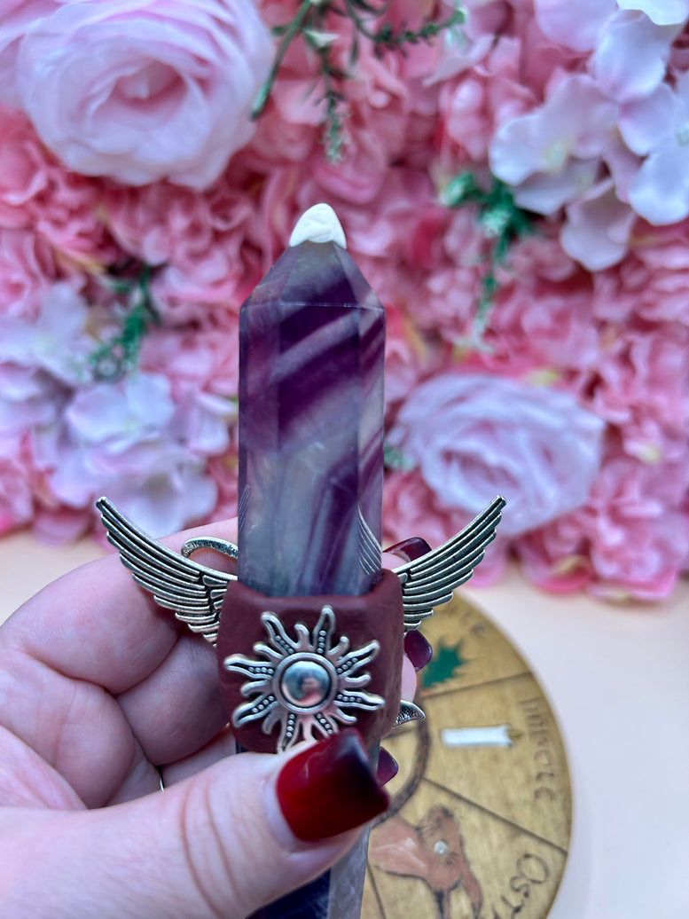 Fluorite Mermaid Wand: Winged Charm, Rhinestone Accents - Ritual Tool