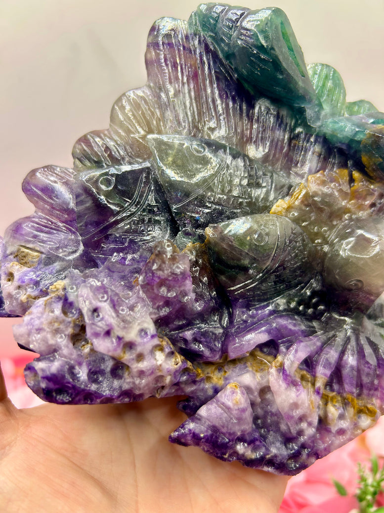 Ocean themed rainbow fluorite crystal carving 1kg 14cm