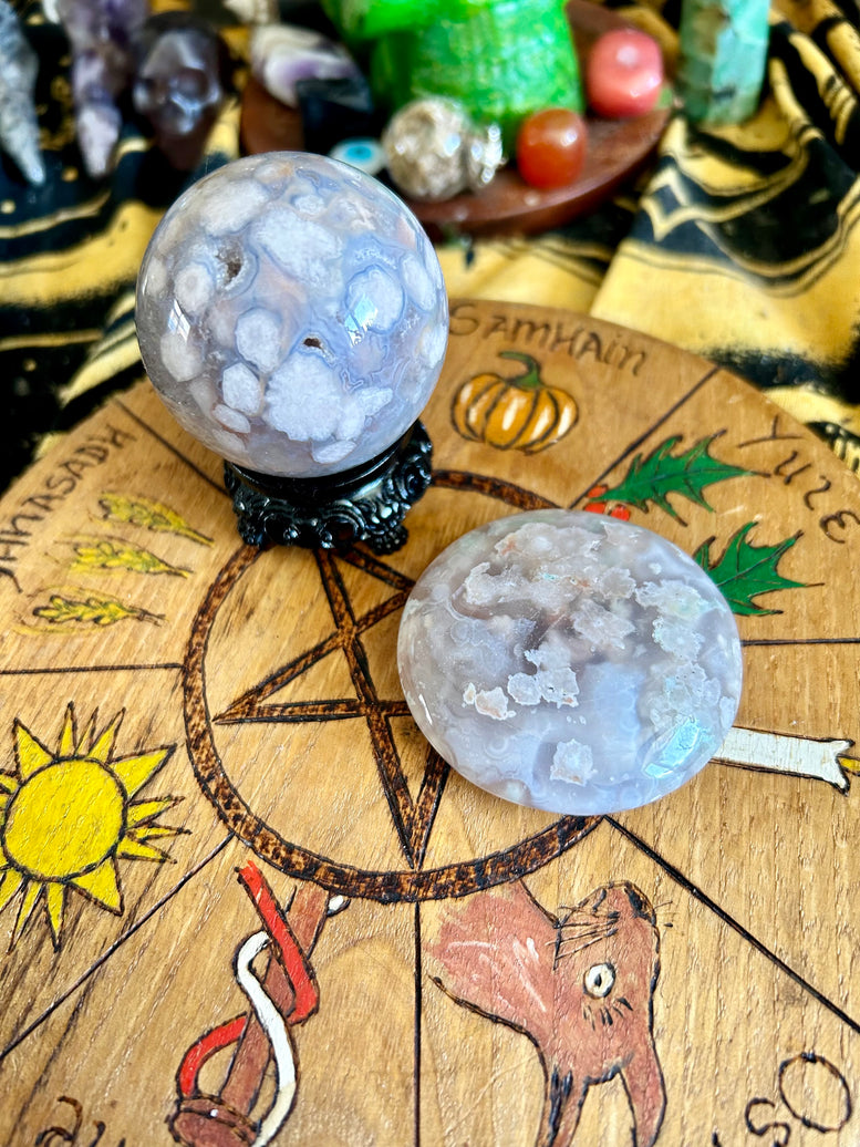 Flower Agate Sphere on Stand and Palm Stone Gift Set | Crystals | Witchcraft | Wicca | Pagan | Healing | Reiki | Chakra | Ornament | Ball