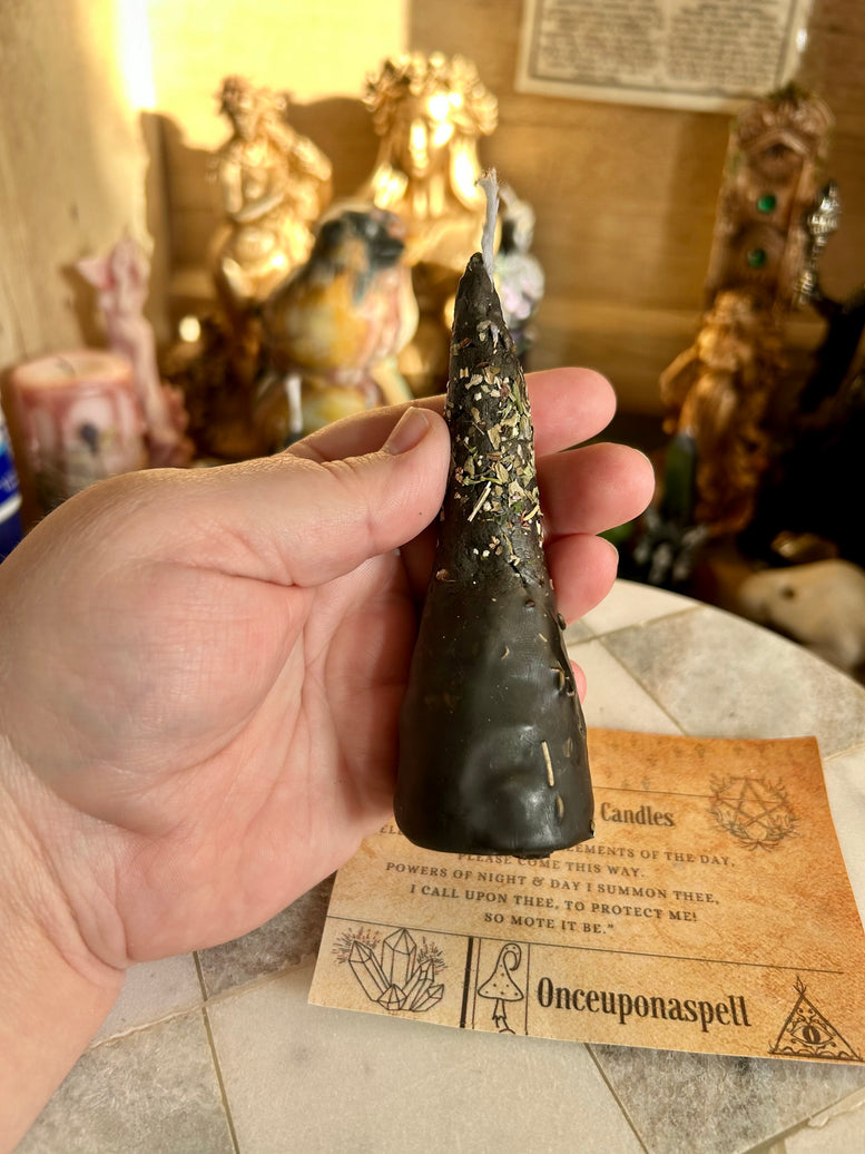 Hand rolled protection spell candles made with beeswax, herbs, essential oils and tourmaline crystal chips