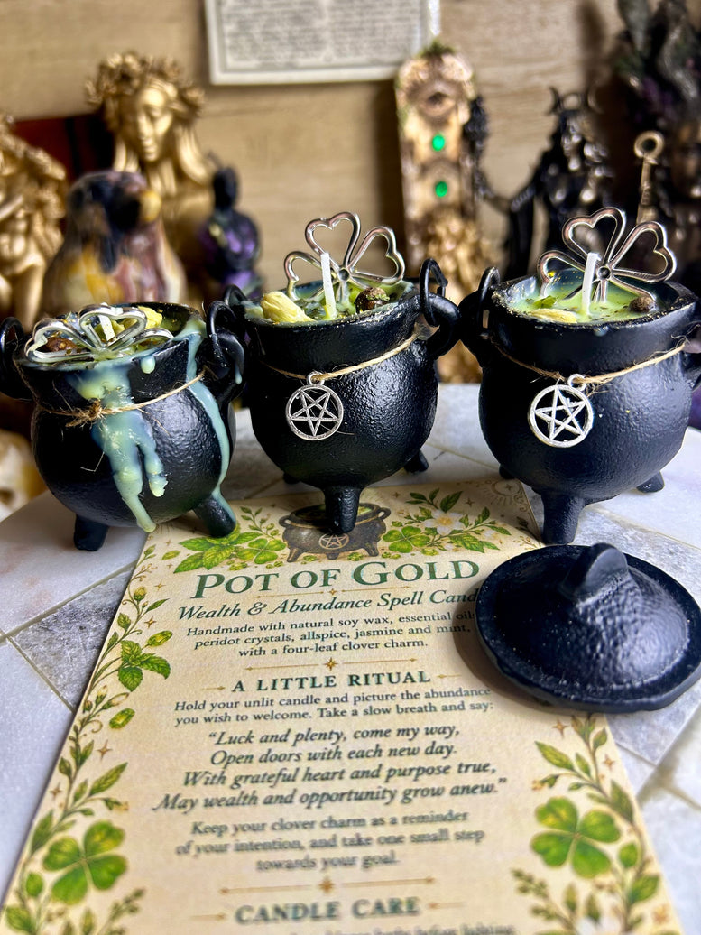 Pot of cold cast iron cauldron wealth and abundance spell candle