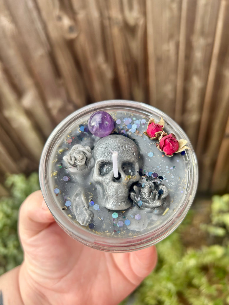 Protection and Banishing Hand Poured Spell Candle for Witchcraft with Amethyst Skull and Glitter Accents Decor Ornaments Decoration