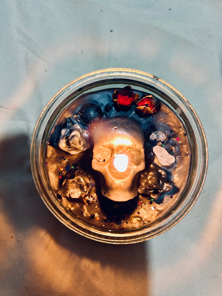 Protection and Banishing Hand Poured Spell Candle for Witchcraft with Amethyst Skull and Glitter Accents Decor Ornaments Decoration
