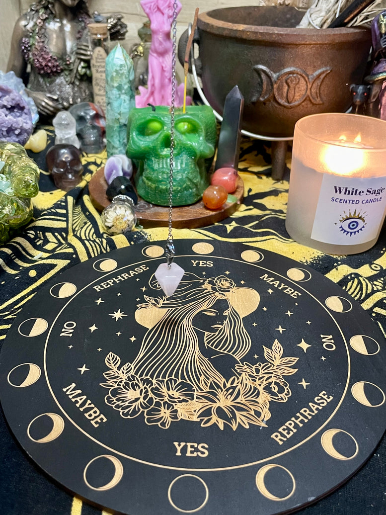 Pendulum Board and Rose Quartz Pendulum | Dowsing | Dowsing Board | Communication Board | Reading | Skull | Cauldron | Witchcraft | Wicca