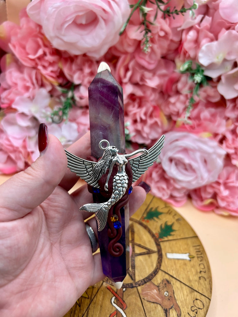Fluorite Mermaid Wand: Winged Charm, Rhinestone Accents - Ritual Tool