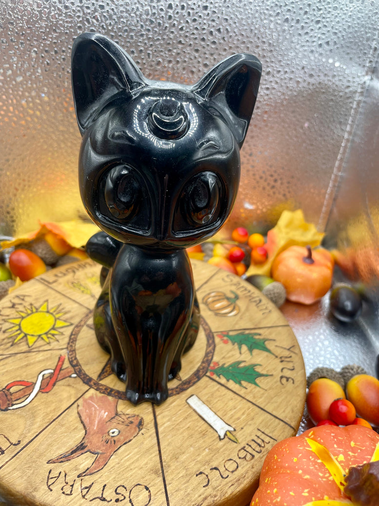 Luna Moon Cat Natural Black Obsidian Crystal Carving | Black Cat | Kitty | Witchcraft | Wiccan | Pagan | Reiki | Chakra | 14.5cm | Ornament