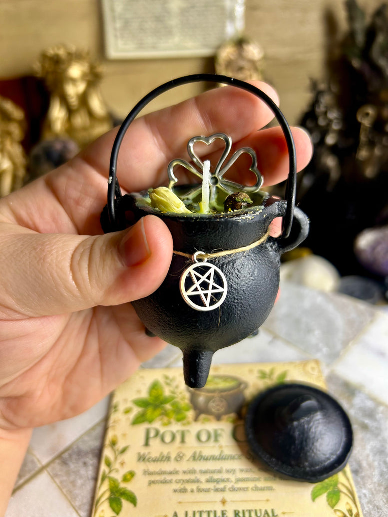 Pot of cold cast iron cauldron wealth and abundance spell candle