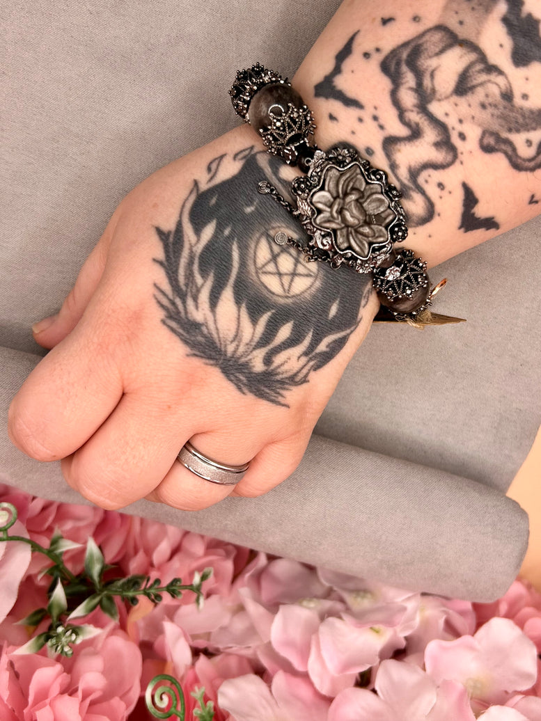 Silver Sheen Obsidian Lotus Crystal Charm Bracelet | Jewellery | Bracelet | Crystals | Spirituality | Witchcraft | Wiccan | Pagan | Large