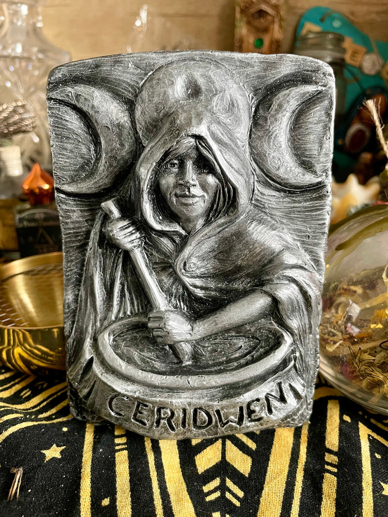 Ceridwen Keeper of the cauldron silver coloured plaque | Witchcraft | Wicca | Pagan | Wall Art | Altar | Goddess | Deity | Welsh | Gift