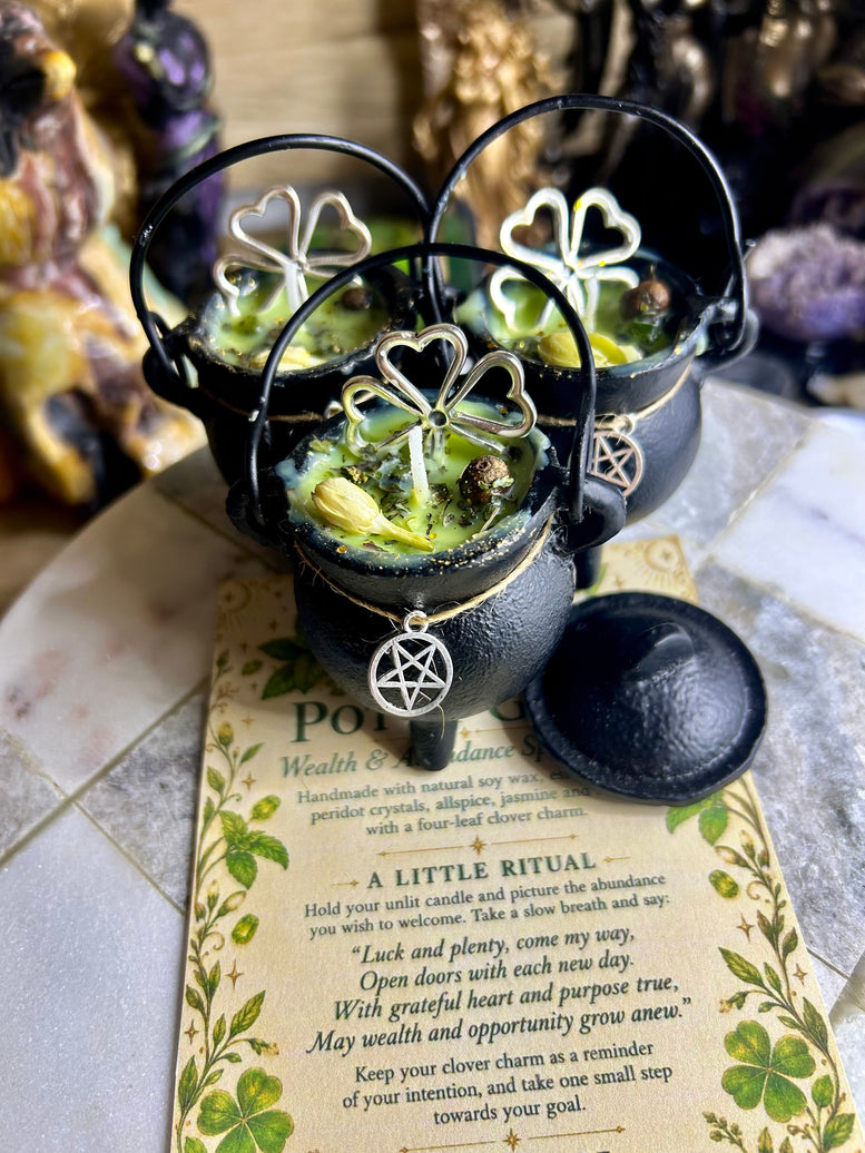Pot of cold cast iron cauldron wealth and abundance spell candle