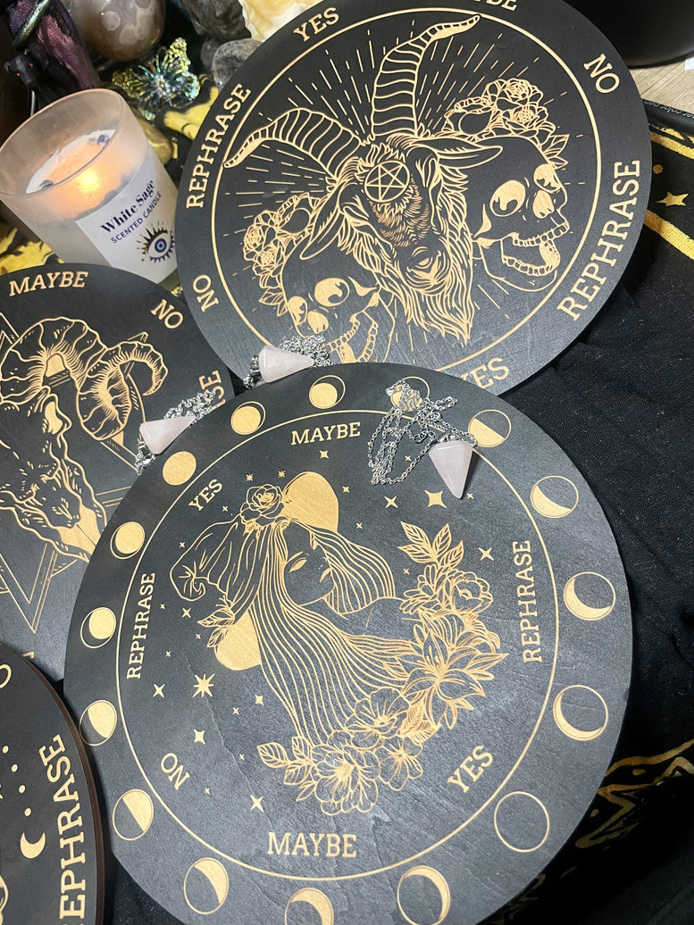 Pendulum Board and Rose Quartz Pendulum | Dowsing | Dowsing Board | Communication Board | Reading | Skull | Cauldron | Witchcraft | Wicca