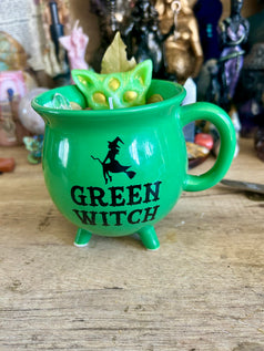 Wealth & Abundance Spell Candle – Green Witch Cauldron Cup hand made soy wax ornamental witches candle