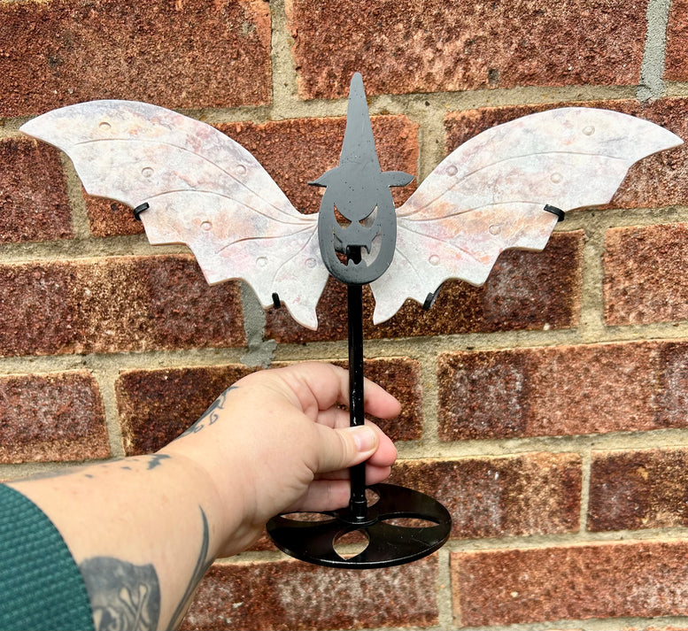 Pink Opal Carved Crystal Wings with Witchy Stand pumpkin witch Halloween style