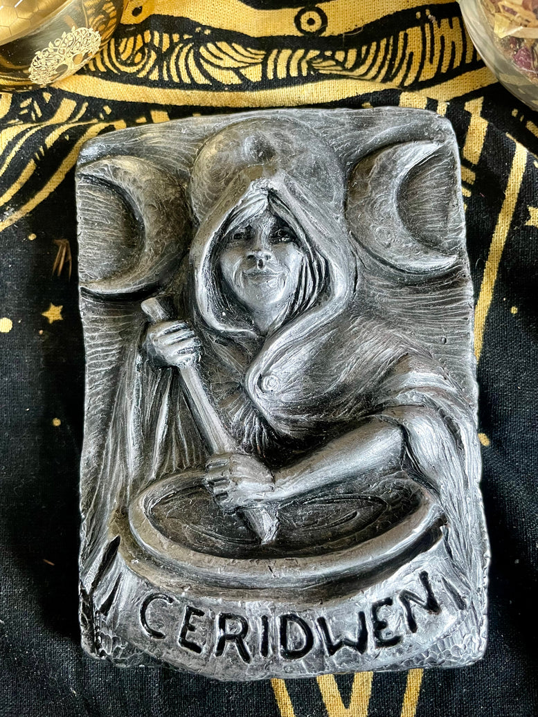 Ceridwen Keeper of the cauldron silver coloured plaque | Witchcraft | Wicca | Pagan | Wall Art | Altar | Goddess | Deity | Welsh | Gift